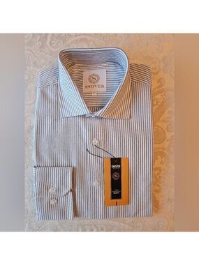100% Cotton Grey Striped Formal Button Down Shirt, 41, 16", Large, Snover, NWT